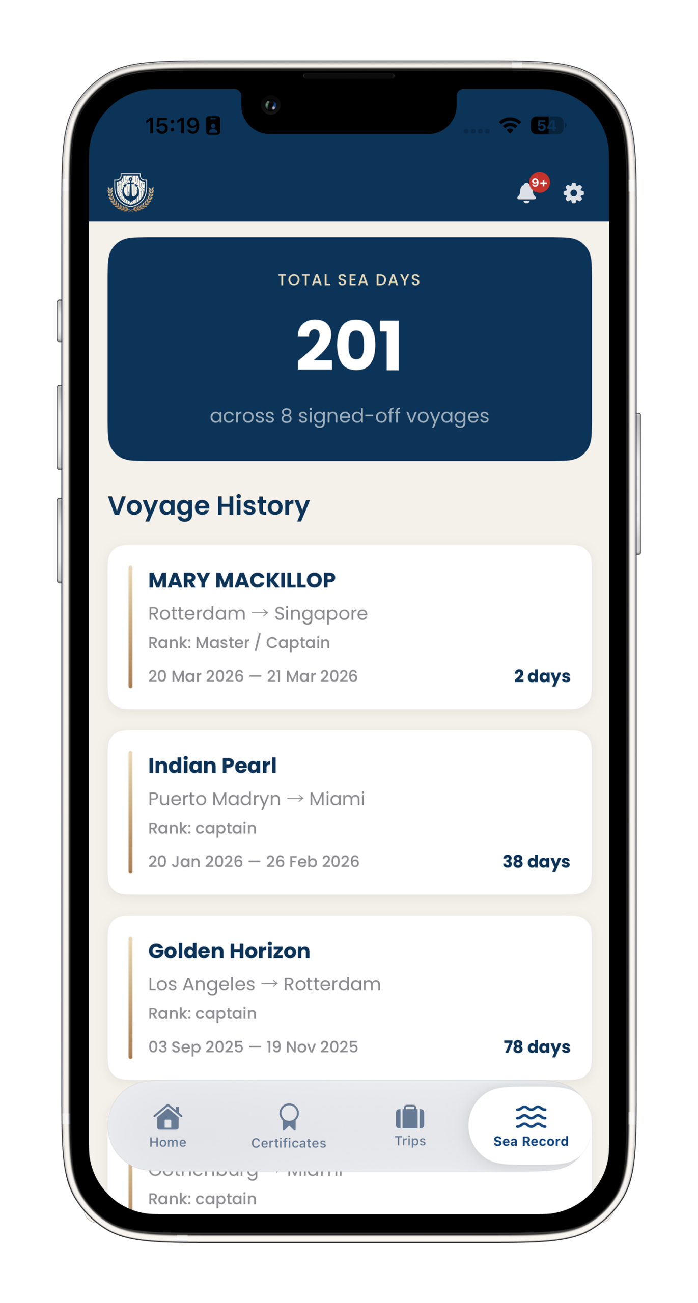 Digital Seafarer Record Book screen